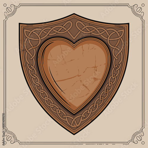 Heart shield with celtic knot frame, vintage textured design, ornate border, medieval emblem, rustic