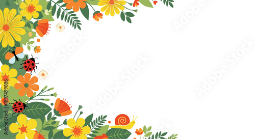 Charming floral corner border with bright yellow and orange flowers, green leaves, friendly ladybugs, and a cute snail on a white background.