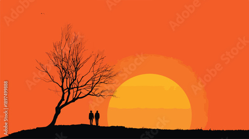 Stunning Sunset Silhouette Vector with Outline Isolated on White Background