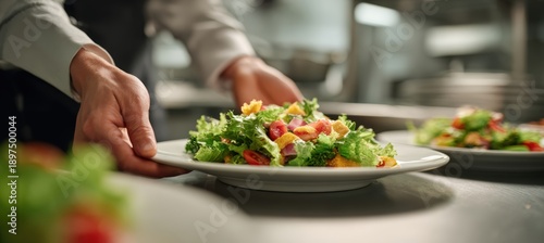 Wallpaper Mural Kitchen Worker Carefully Placing Fresh Salad on Serving Surface Torontodigital.ca