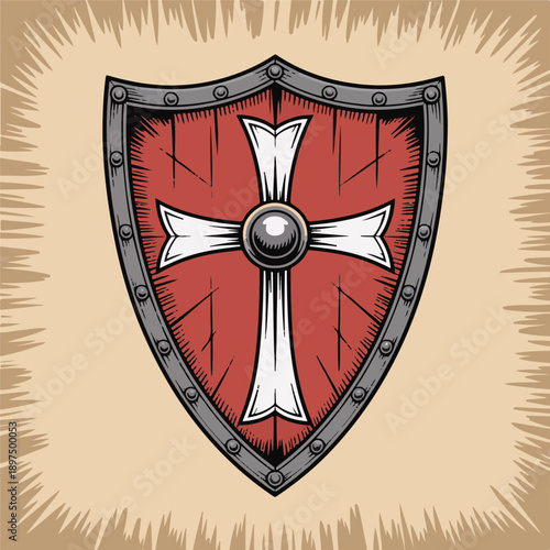 Templar shield with red cross, medieval knight armor, historical combat protection, vintage warrior