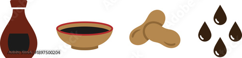 Soy Sauce Bottle with Bowl Peanuts and Sauce Drops Set Isolated on White Background Flat Vector Illustration