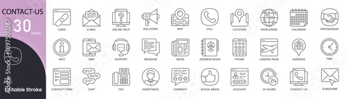 Contact us related line icons set. Bundle of location, subscribe, partnership, link, email, online help, info, support and other. Editable Stroke.