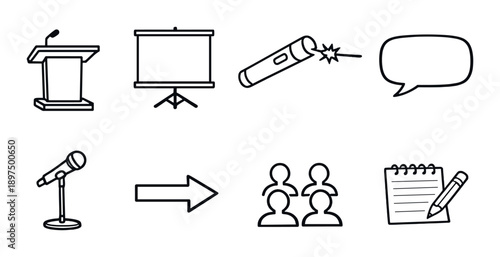 Presentation symbols: podium, projector, microphone, laser pointer, notepad
