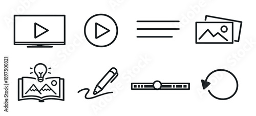Minimalistic video and image editing icons on gray background
