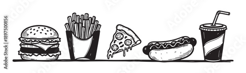 Detailed hand drawn fast food sketch with burger fries pizza and soda cup in vintage black ink style