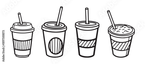 Collection of different disposable beverage cups and takeaway drink containers in black and white line art
