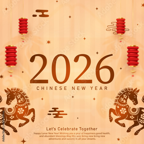 Chinese New Year 2026 Year of the Horse Greeting Card with Red Lanterns, Lunar New Year 2026 Horse Zodiac Symbol on Festive Red and Gold Background, 2026 Year of the Horse Chinese Zodiac Vector Illust