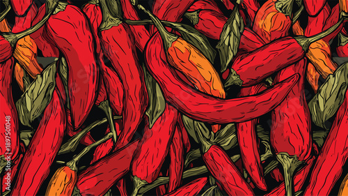 Vibrant Red Hot Chilli Peppers on Black Background Pattern