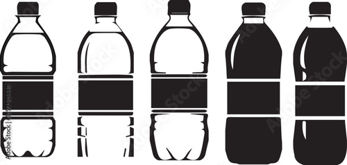 plastic water bottle silhouette collection different shapes beverage container icon set isolated background.
