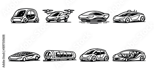 Futuristic transportation concepts: drones, cars, and trains in minimalist design