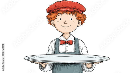 Professional Young Boy Holding Tray Illustration