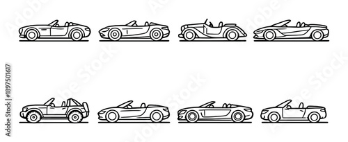 Outline illustrations of various convertible cars on gray background