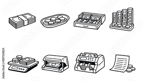 Monochrome financial icons: cash, coins, scales, counting machine, receipt