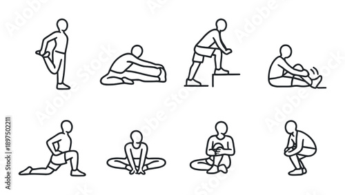 Various stretching poses outline on black background for fitness enthusiasts