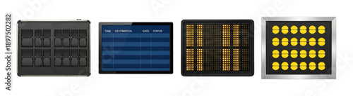 Four different information display boards representing various public announcement technologies are presented side by side, showcasing modern and classic methods for conveying travel 