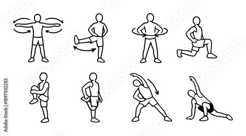 Cartoon figures demonstrating various exercise stretches