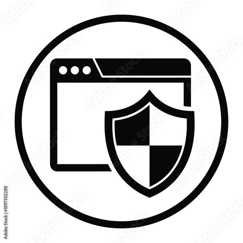 Black and white icon of a browser window with a shield in front symbolizing cybersecurity and protection