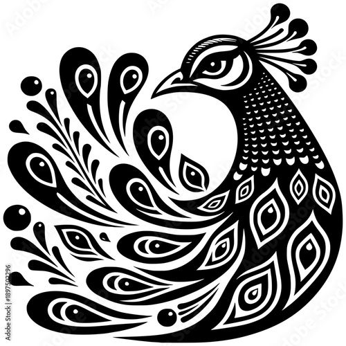 Artistic Peacock Design: A striking illustration of a peacock, showcasing its elaborate plumage in a monochromatic, artistic style, emphasizing intricate patterns and design elements.