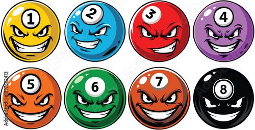 Evil and Grinning Billiard Balls Mascot Collection - Colorful Cartoon Pool Ball Vector Set from 1 to 8.