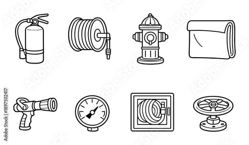 Fire safety equipment icons on gray background