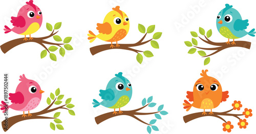 Hand drawn style cute little birds sitting together on branches with buds and leaves, soft pastel colors avian vector character set