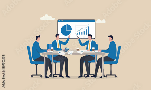 Finance, business pie chart and graph information report with calculator on office desk.