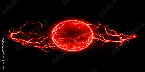 Fiery explosion with alpha channel creates a glowing red plasma energy shape featuring fractal lightning sparks and burning hot electric light design on a black background