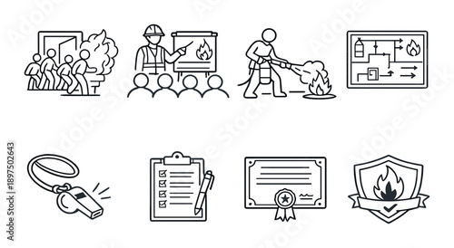Fire safety training icons: evacuation, presentation, firefighting, safety plans, whistle, checklist, certification, badge