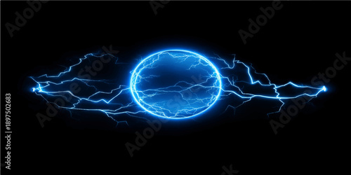An abstract digital illustration of a blue electric lightning bolt featuring glowing plasma lines and fractal energy motion against a dark space background for modern science and technology design