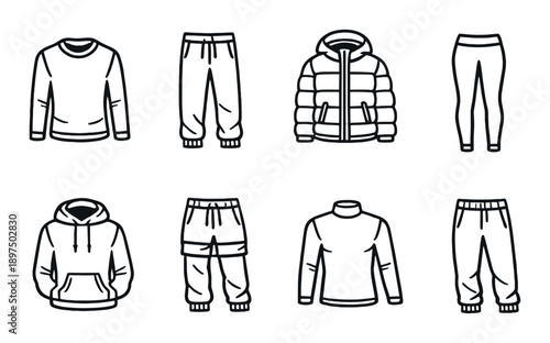Set of casual winter outfits: sweater, joggers, puffer jacket, hoodie, turtleneck