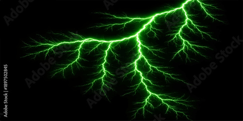 An abstract green fractal design illustrates a dark space filled with electric lightning and motion, featuring a textured plasma pattern of green and blue light curves for a powerful fantasy wallpaper