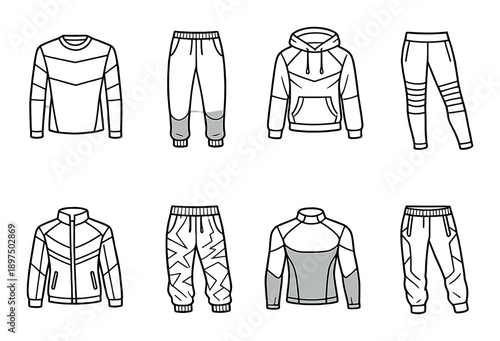 Set of eight stylish monochrome athletic wear designs on gradient background