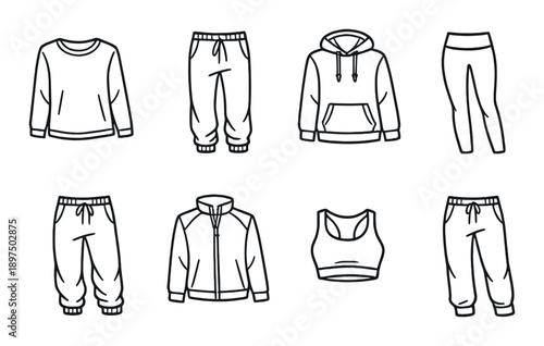 Monochrome sportswear set illustration featuring hoodies and sweatpants