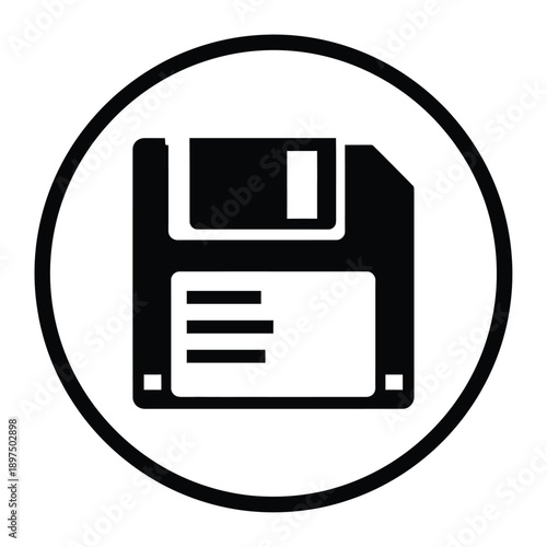 Black icon of a floppy disk in a circle