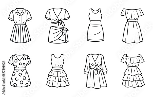 Hand-drawn fashion collection of stylish dresses on a gray background
