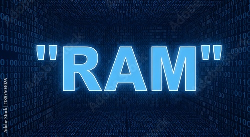 Glowing blue R A M text in digital tunnel with binary code