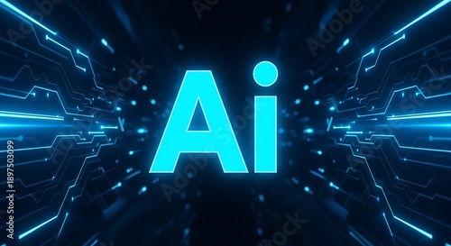 Glowing blue Ai with circuit board background artificial intelligence