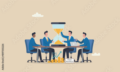 Time is money rocke savings, salary growth or wage increase concept, businessman hand holding hourglass with sand falling to money