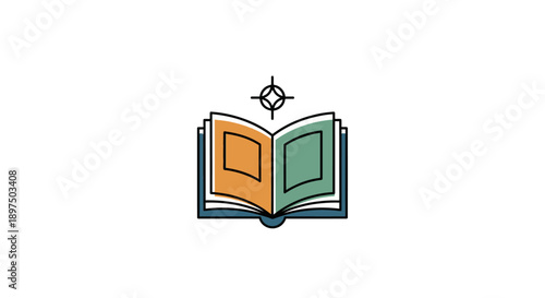 Colorful open book icon with diamond symbol above.