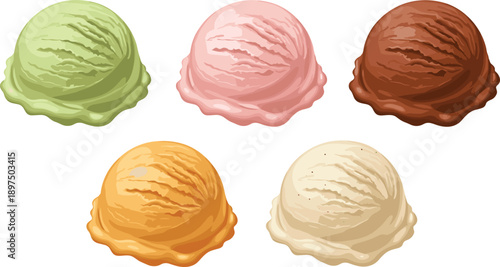 Ice Cream Scoops Set with Vanilla Chocolate Strawberry Pistachio and Caramel Flavors Isolated on White Background Vector