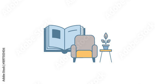 Cozy reading nook with armchair and potted plant.