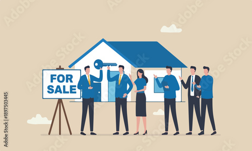 House for, or property agent, rent or buy, mortgage, or purchase new house, homeowner, residential concept, businessman selling home with key and for sale sign