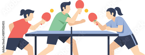Men and Woman Playing Table Tennis Match with Ping Pong Paddles Isolated on White Background Flat Vector Illustration