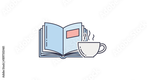A simple illustration of a book and a cup of coffee.