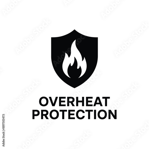 Black shield icon with a flame and text reading overheat protection