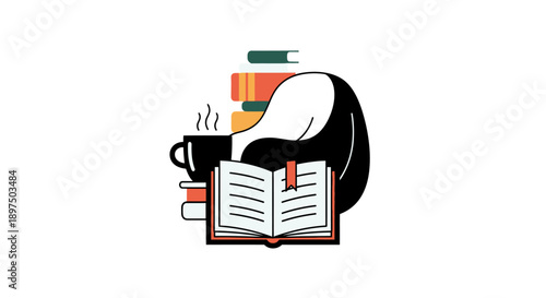 Person reading a book with a cup of coffee and stack of books.