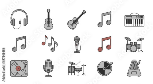 Collection of Music Instruments and Audio Equipment Icons.
