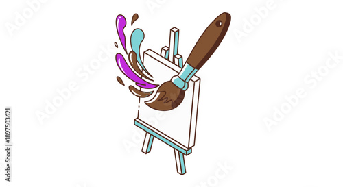 Paintbrush with colorful paint splatters on an easel.