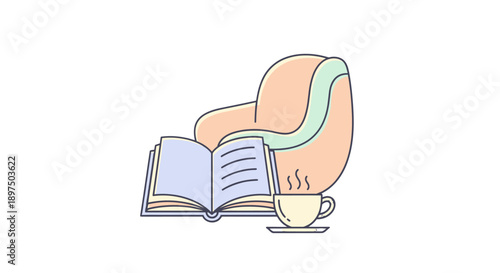 Cozy reading moment with book and steaming cup of coffee.